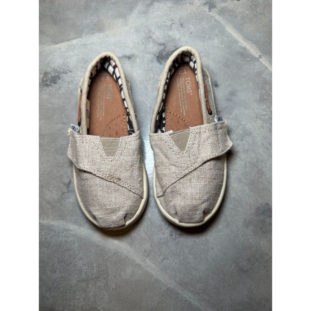 Toddler TOMS Tiny Bimini Natural Burlap Canvas Slip On Size T7, Hook‎ and Loop